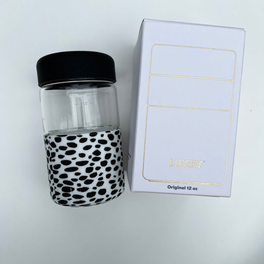 Luxey Cup - Black and White leopard 12 Oz Reusable Glass Cup